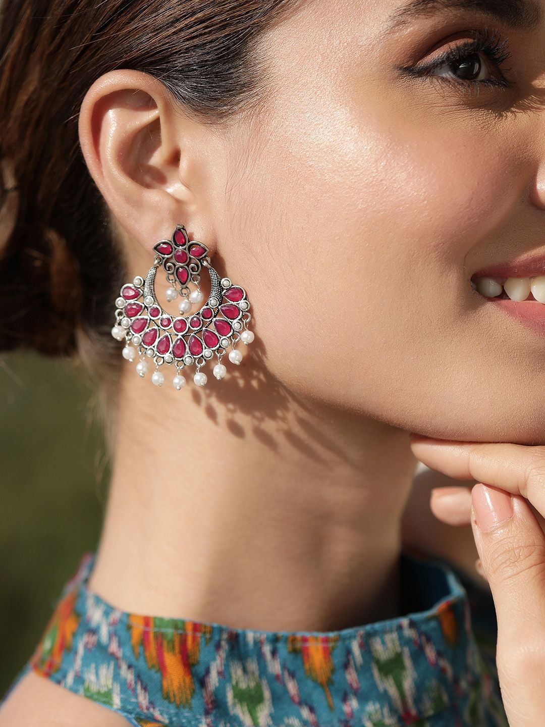 Dhiyona RJ Women's Oxidised Silver Plated Ruby & Pearl Studded Traditional Chandbali Earrings