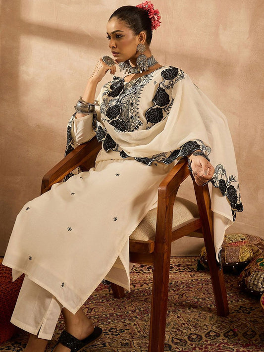 Dhiyona IE Women Paisley Embroidered Regular Thread Work Pure Cotton Kurta with Trousers & With Dupatta