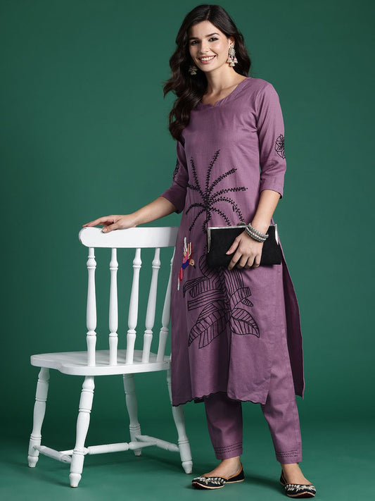 Dhiyona IE Women Floral Embroidered Regular Thread Work Pure Cotton Kurta with Trousers