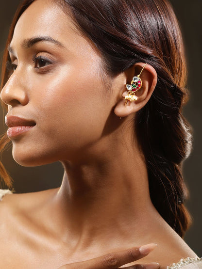 Dhiyona RJ Women's 22K Gold-Plated Ruby Pink, Emerald Green & White Kundan Studded Ear Cuff