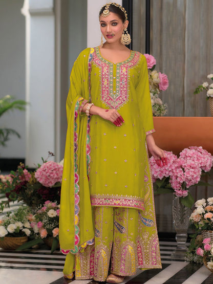 Embroidered Sequinned Kurta With Palazzos & Dupatta