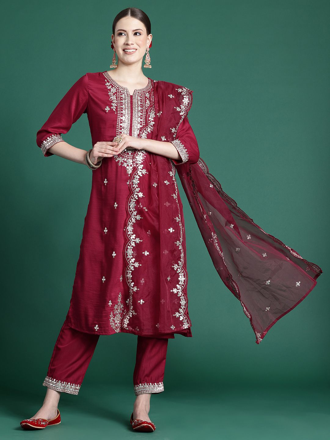 Dhiyona IE Ethnic Motifs Embroidered Gotta Patti Kurta With Trousers & Dupatta