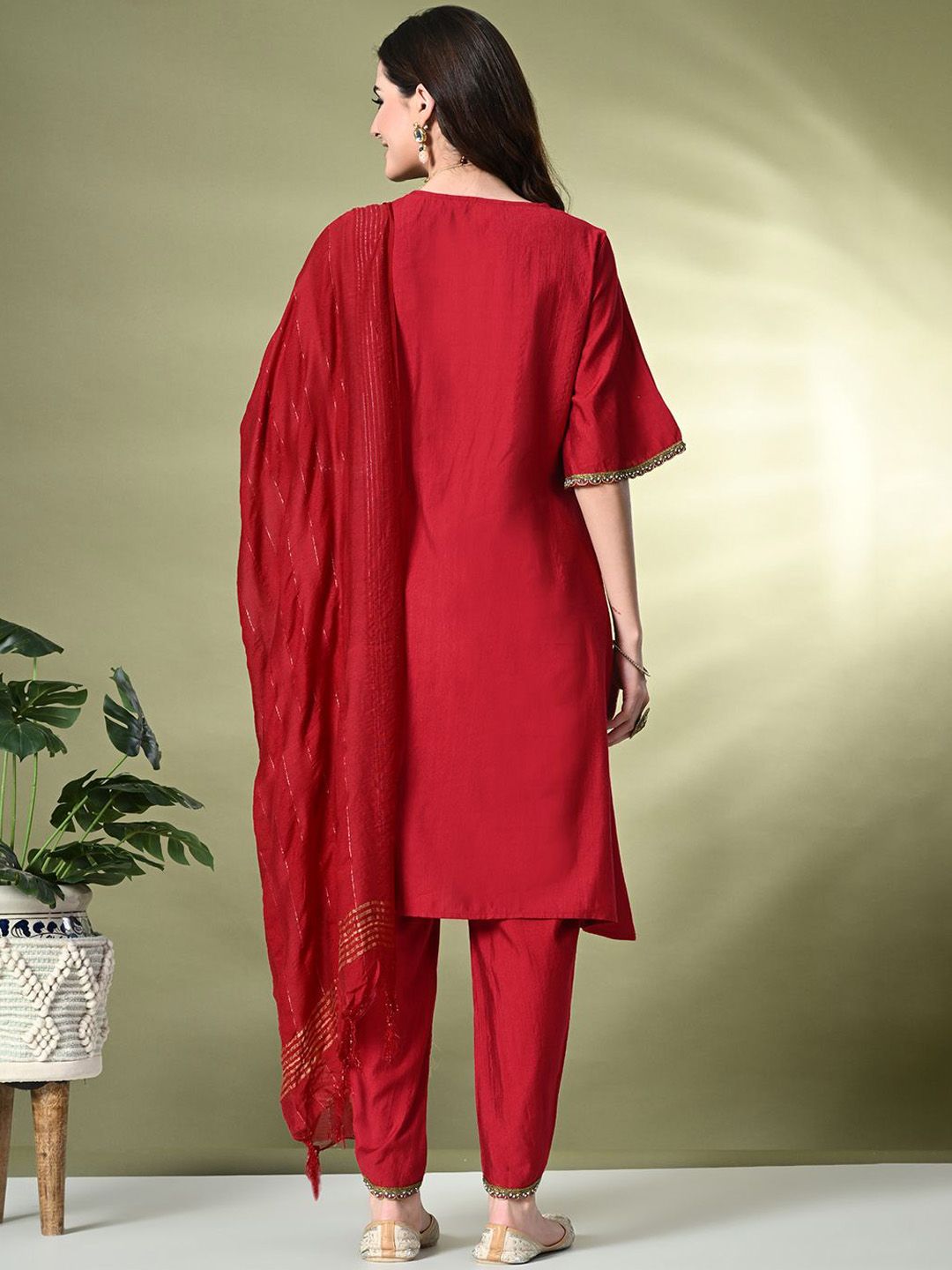 Dhiyona SN Women's Square Neck Flared Sleeves High-Low A-Line Kurta With Dhoti Pant & Dupatta