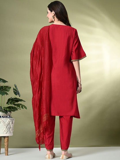 Dhiyona SN Women's Square Neck Flared Sleeves High-Low A-Line Kurta With Dhoti Pant & Dupatta