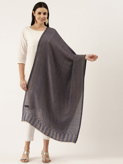 Dhiyona PA Women Navy Blue & Beige Woven-Design Woolen Shawl