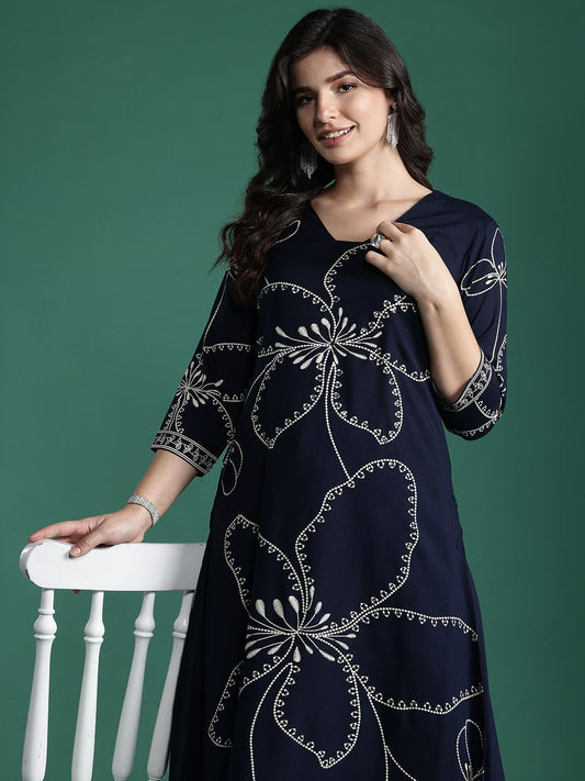 Dhiyona IE Floral Printed Mirror Work Kurta with Trousers
