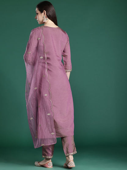 Floral Embroidered Kurta with Trousers & With Dupatta