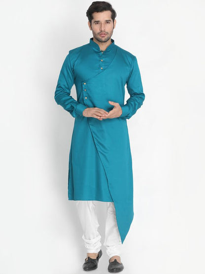 Men's Aqua Silk Blend Straight Kurta Pyjama Set