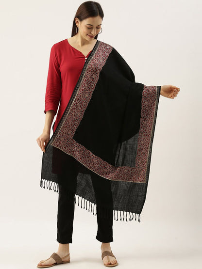 Dhiyona PA Women Black & Red Embroidered Pure Wool Shawl