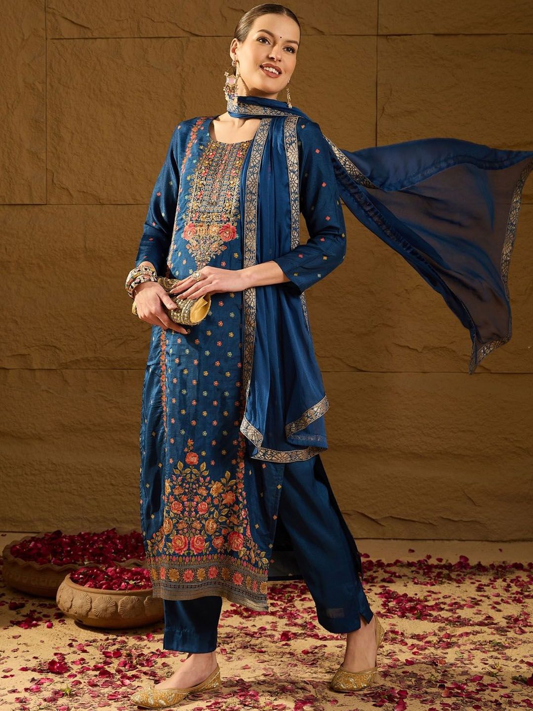 Dhiyona PD Women Floral Woven Design Jacquard Straight Kurta With Trousers And Dupatta