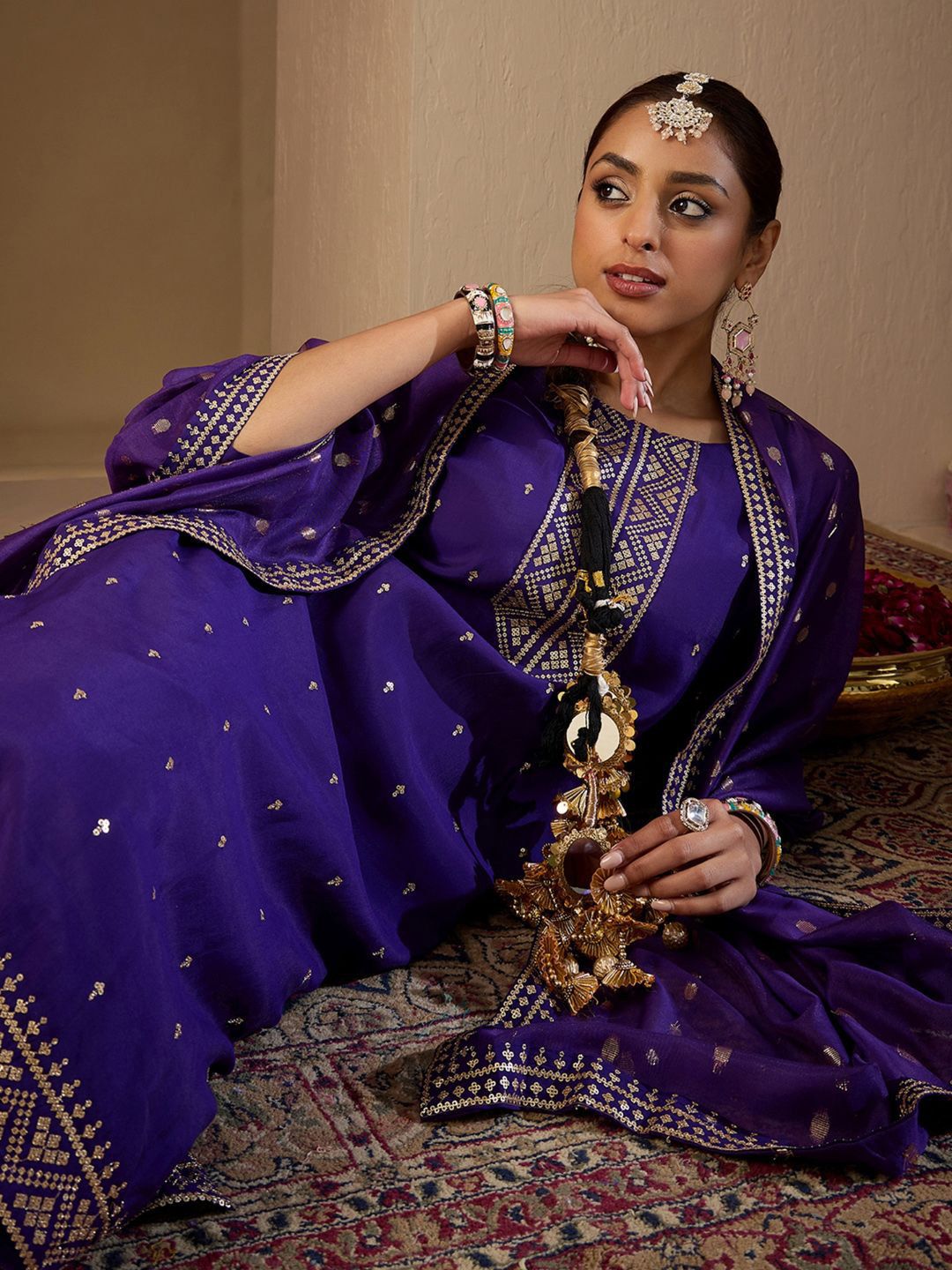 Women Ethnic Motifs Embroidered Regular Sequinned Kurta with Trousers & With Dupatta