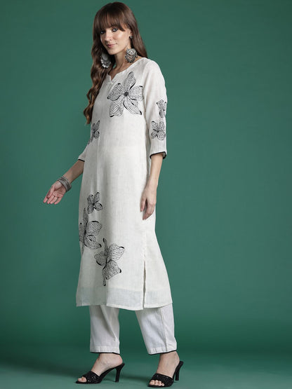 Dhiyona IE Floral Embroidered Linen Kurta with Trousers & Dupatta