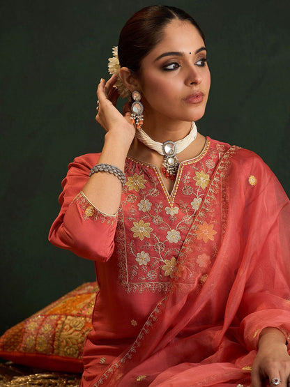 Dhiyona IE Women Floral Embroidered Regular Thread Work Kurta with Trousers & With Dupatta