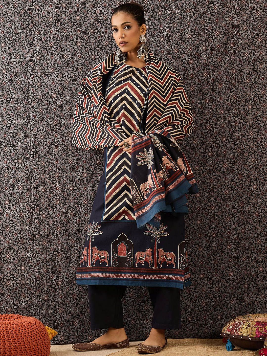 Women Printed Regular Sequinned Pure Cotton Kurta with Trousers & With Dupatta