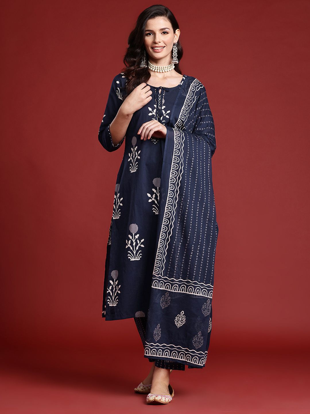 Floral Printed Sequinned Pure Cotton Kurta With Trousers & Dupatta
