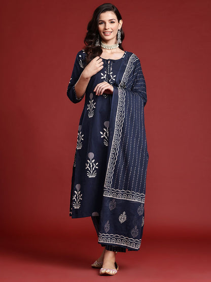 Floral Printed Sequinned Pure Cotton Kurta With Trousers & Dupatta