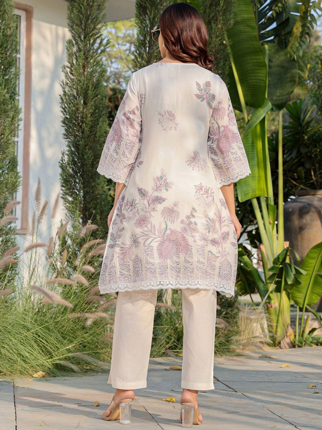 Floral Printed V Neck A Line Pure Cotton Kurta With Trousers
