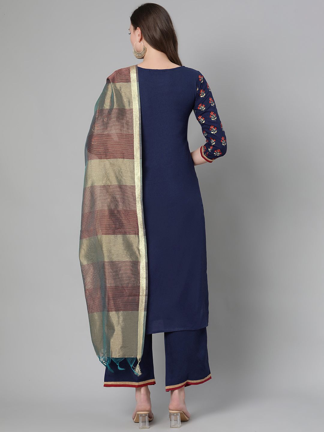 Women Navy Blue & Green Foil Print Kurta with Palazzos & Dupatta