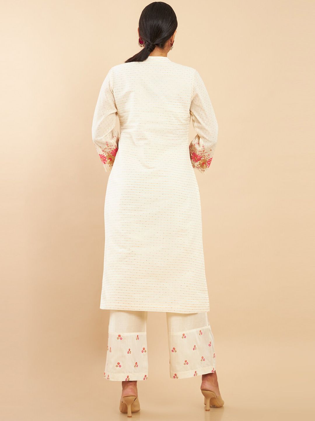 Dhiyona SO Women's Women Off-White Embroidered Panelled Pure Cotton Kurta with Trousers