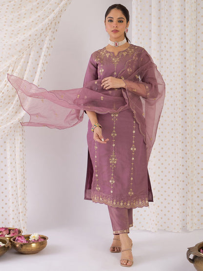 Dhiyona IE Floral Embroidered Notch Neck Zari Straight Kurta With Trouser And Dupatta