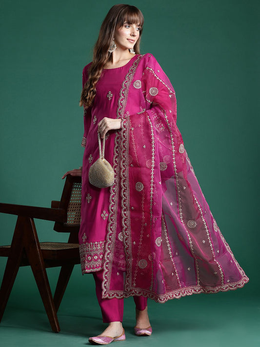 Floral Embroidered Sequinned Kurta With Trousers & Dupatta