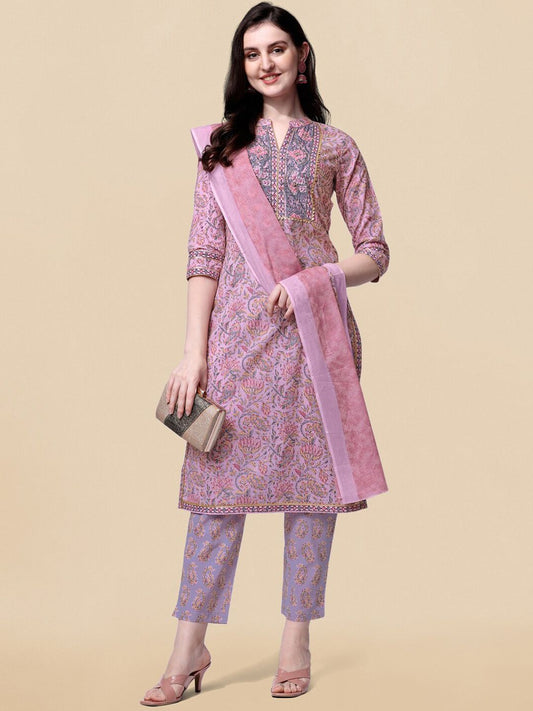 Dhiyona KL Floral Printed Gotta Patti Pure Cotton Kurta With Trousers & Dupatta