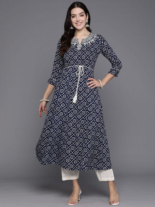 Dhiyona IE Floral Printed Notch Neck A-line Kurta