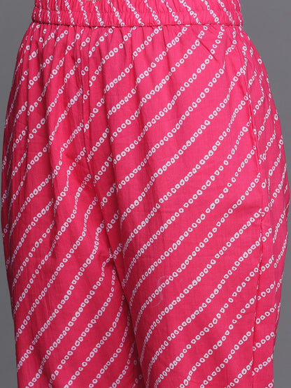 Dhiyona VA Women's Pink Bandhani Printed Gotta Patti Pure Cotton Kurta with Trousers & With Dupatta