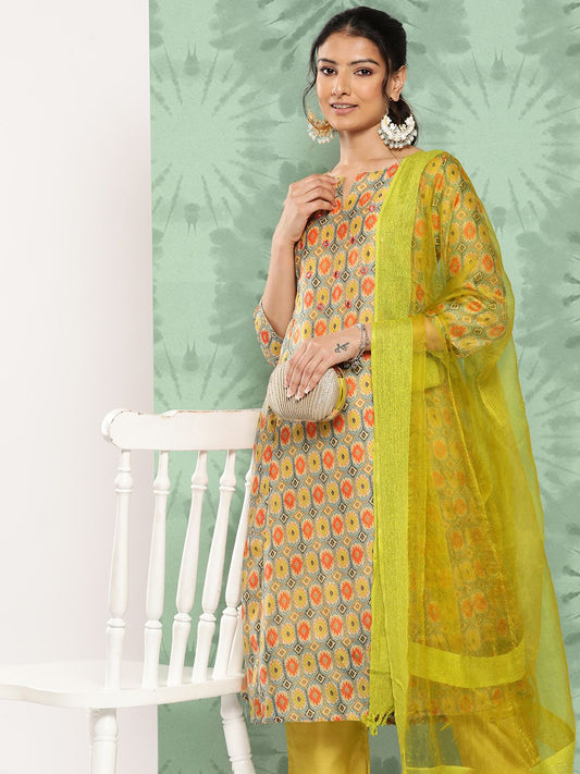Dhiyona VA Women's Ethnic Motifs Printed Panelled Kurta with Trousers & With Dupatta
