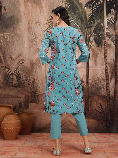 Dhiyona SN Women's Floral Print Lace Inserts Paneled Kurta With Trousers