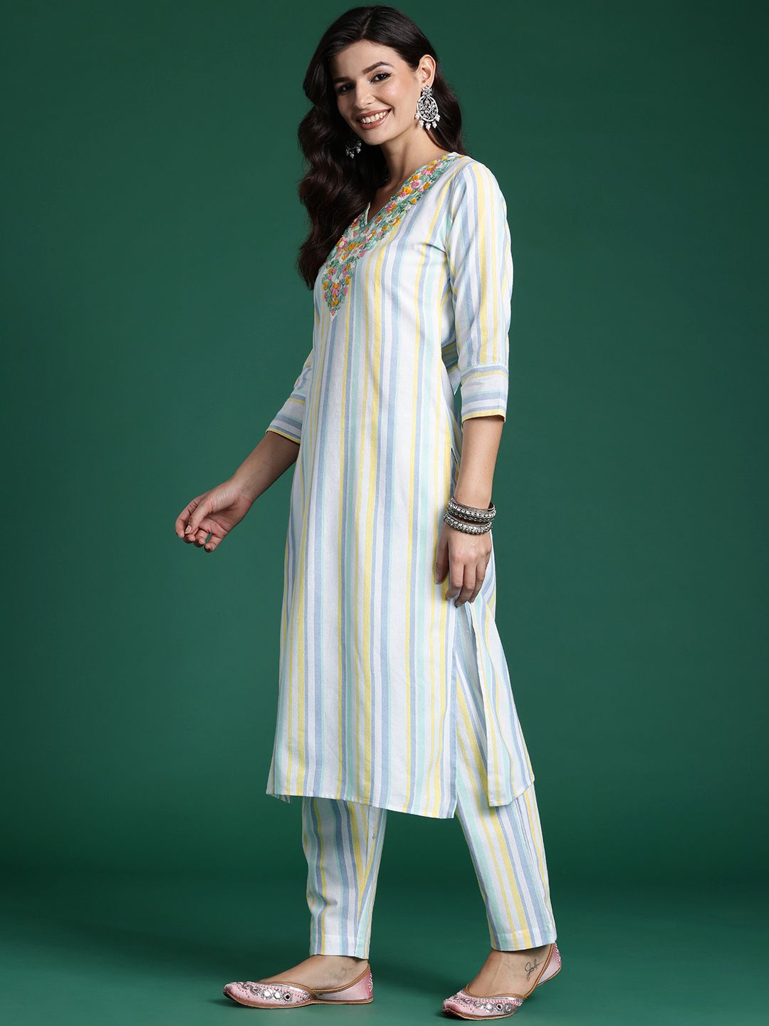 Dhiyona IE Striped Thread Work Pure Cotton Kurta with Trousers