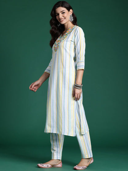 Dhiyona IE Striped Thread Work Pure Cotton Kurta with Trousers