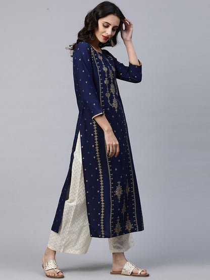 Dhiyona IE Women Blue & Gold-Toned Printed A-Line Kurta