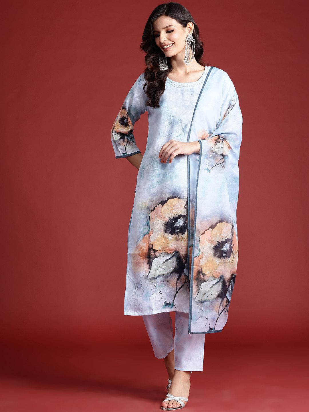 Dhiyona IE Floral Printed Beads & Stones Chanderi Silk Kurta With Trousers & Dupatta