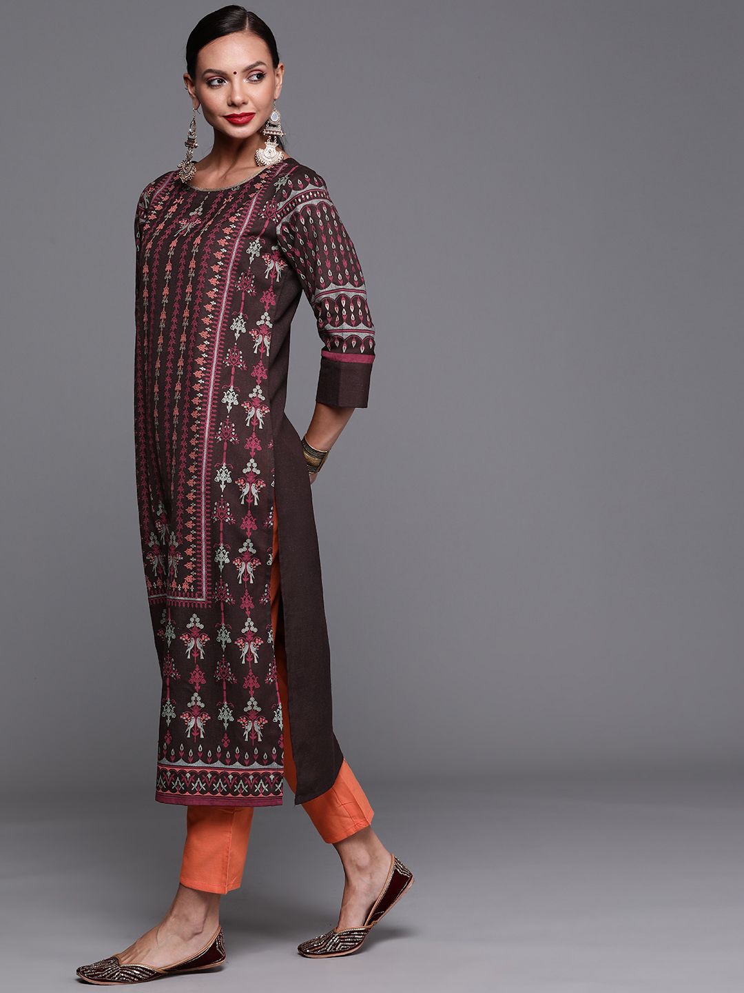 Dhiyona IE Women Coffee Brown & Orange Ethnic Motifs Printed Floral Kurta