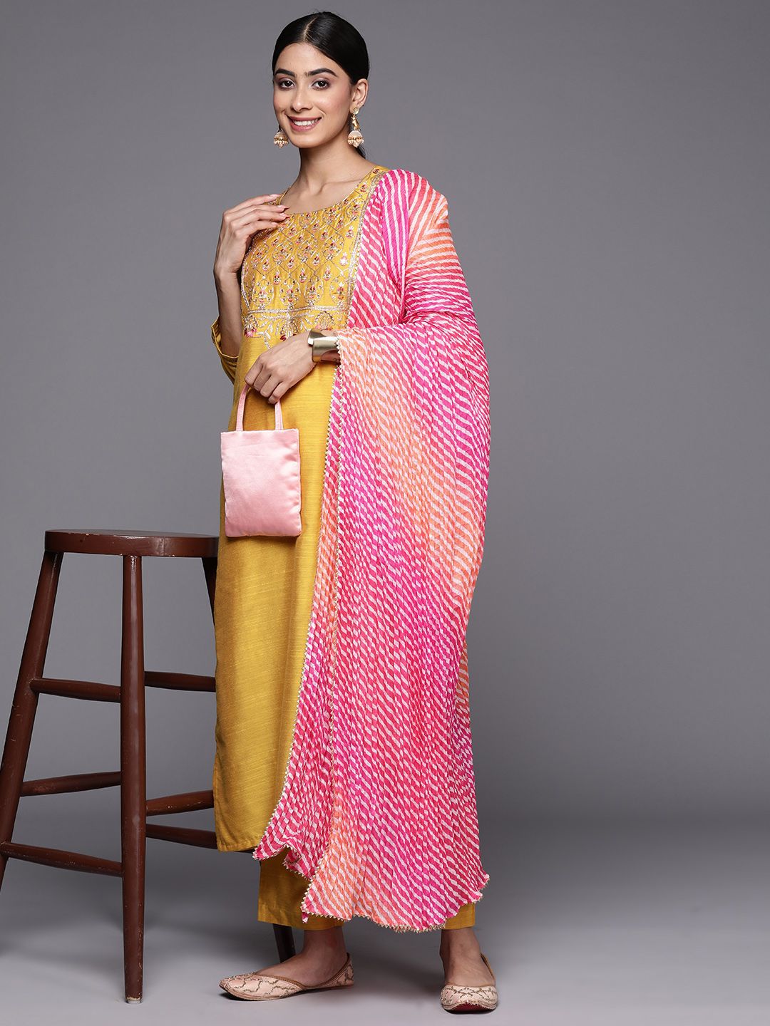 Dhiyona VA Women'sEmbroidered Sequinned Straight Kurta with Trousers & Dupatta