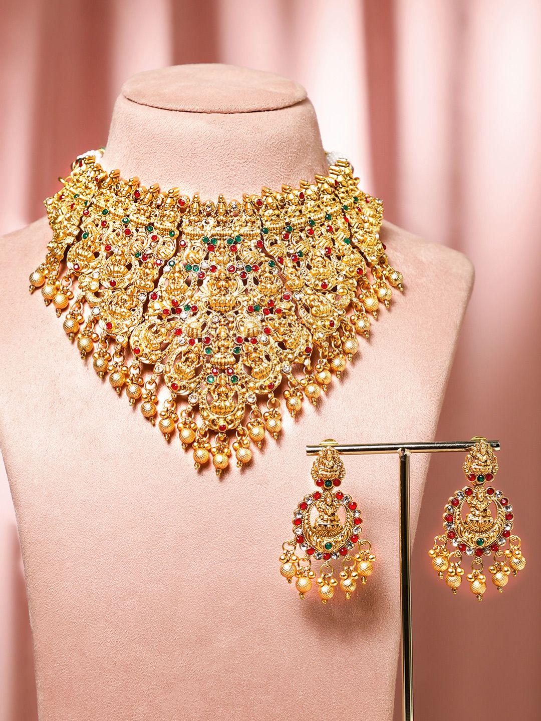 Dhiyona RJ Women's 22K Gold Plated Red, Green & White Stone Studded Lakshmi Motif Temple Jewellery Set