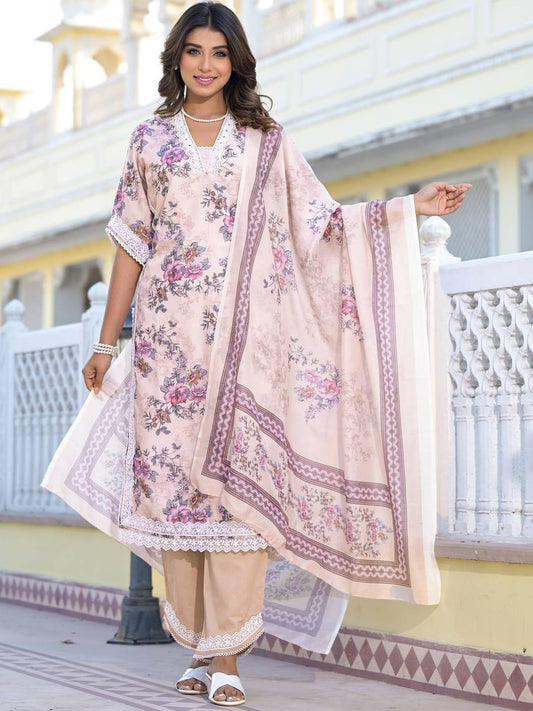 Dhiyona VA Women'sFloral Printed Mirror Work Pure Cotton Straight Kurta with Trousers & Dupatta