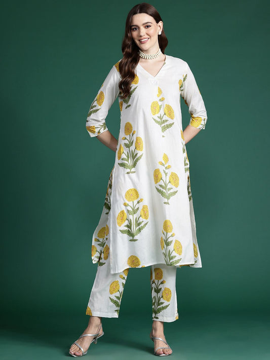 Dhiyona IE Floral Printed Pleated Pure Cotton Kurta with Trousers