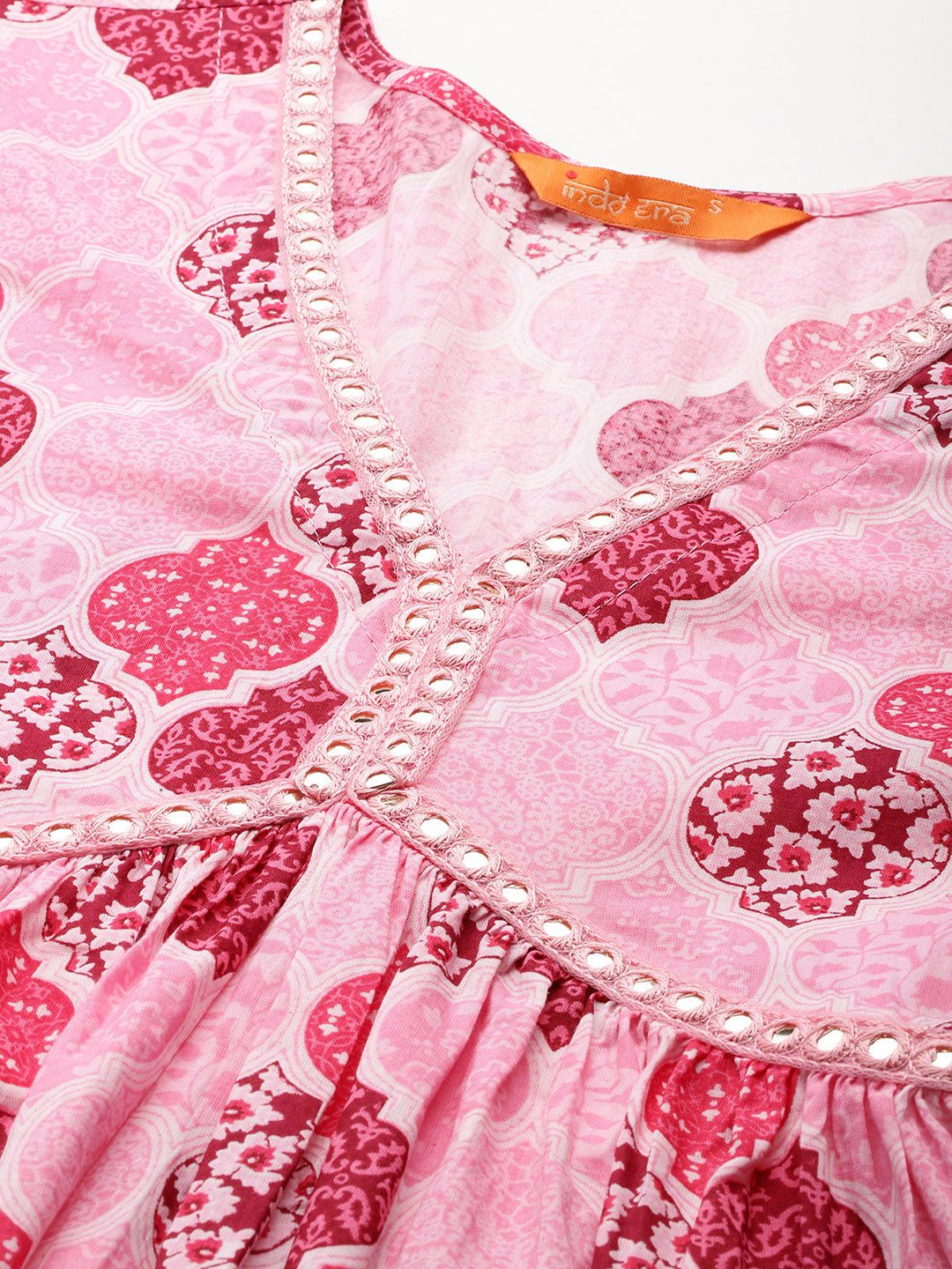 Printed Empire Mirror Work Pure Cotton Kurta With Trousers & Dupatta