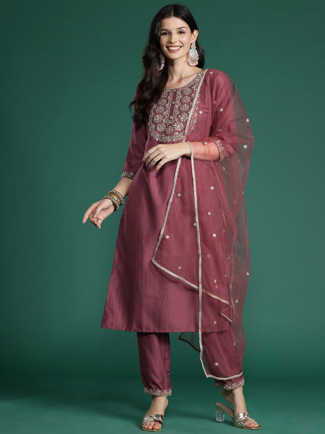Floral Yoke Design Sequinned Kurta With Trousers & Dupatta