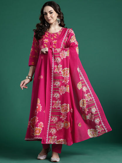 Dhiyona IE Floral Printed Regular Pure Cotton Kurta with Trousers & Dupatta