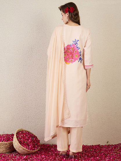Women Floral Printed Linen Kurta with Trousers & Dupatta