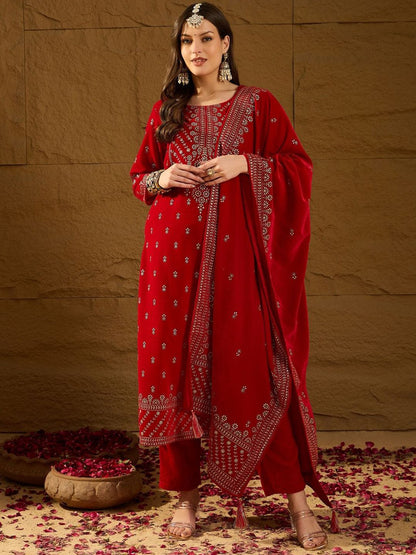 Dhiyona PD Women Embroidered Velvet Straight Kurta With Trousers And Dupatta