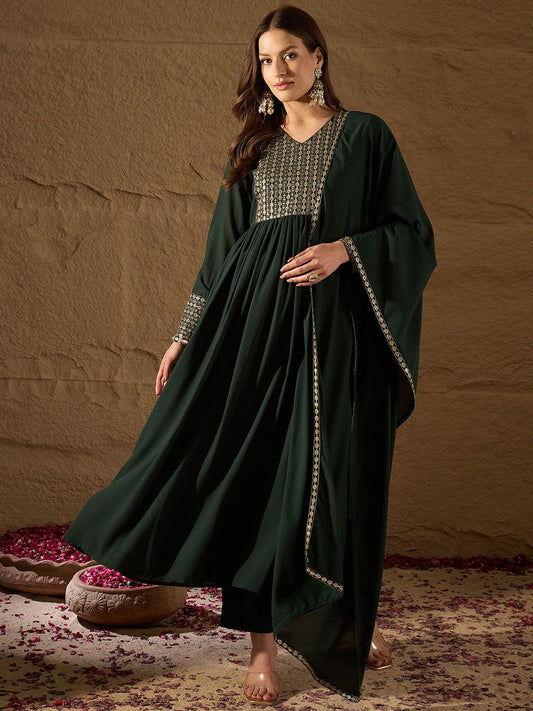 Dhiyona PD Women Yoke Design V-Neck Sequinned Pleated Georgette Kurta & Trousers & Dupatta