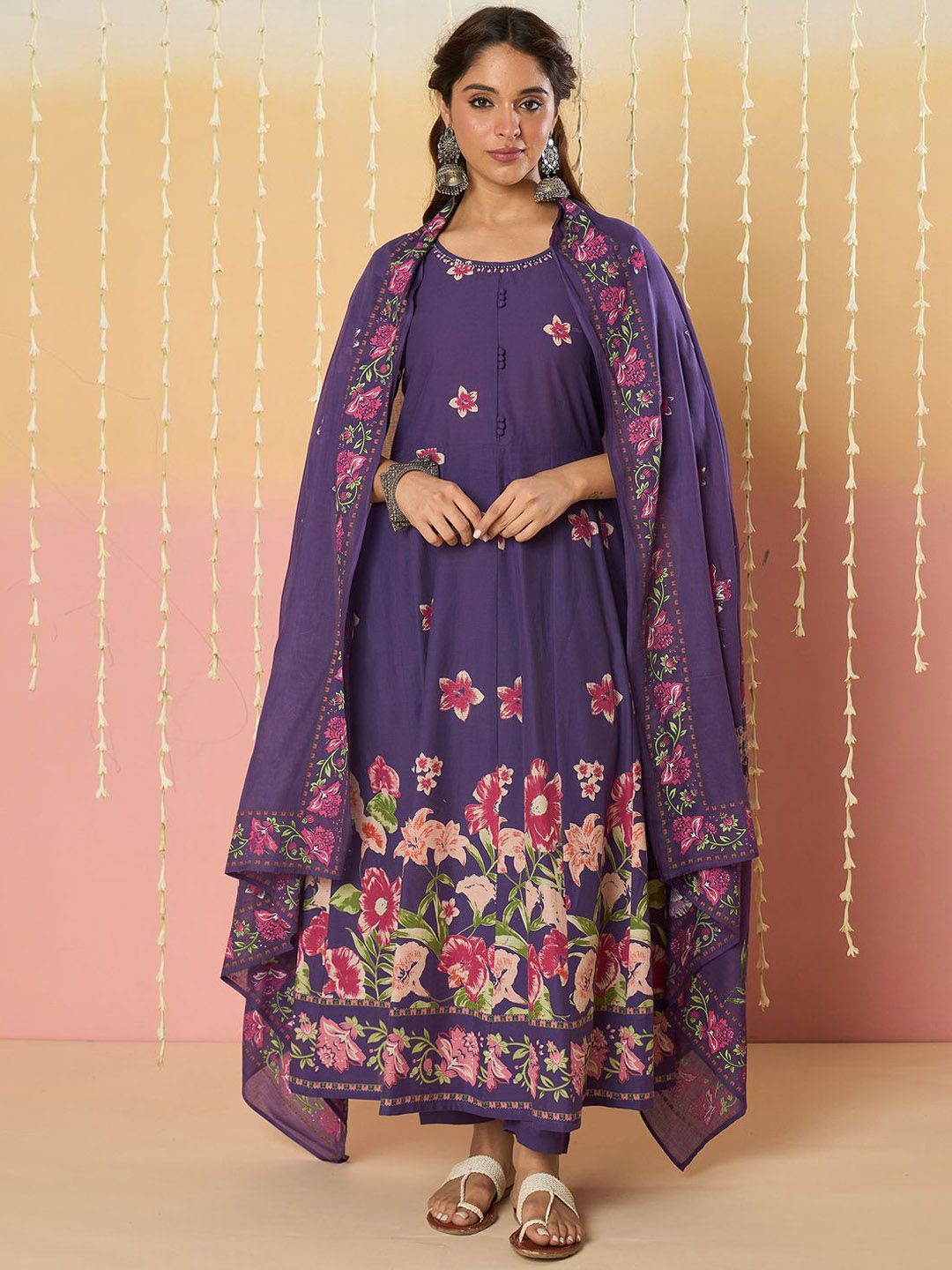 Floral Printed Round Neck Pure Cotton Anarkali With Trousers & Dupatta