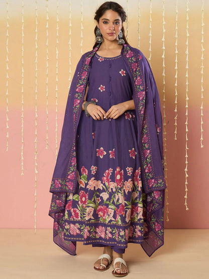 Floral Printed Round Neck Pure Cotton Anarkali With Trousers & Dupatta