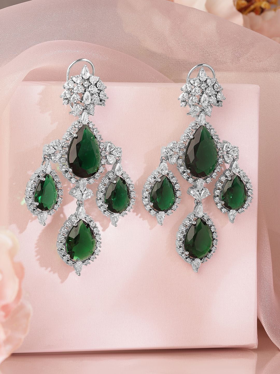 Dhiyona RJ Women's Silver-Plated Emerald Green & Cubic Zirconia Studded Premium Chandelier Earrings