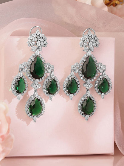Dhiyona RJ Women's Silver-Plated Emerald Green & Cubic Zirconia Studded Premium Chandelier Earrings