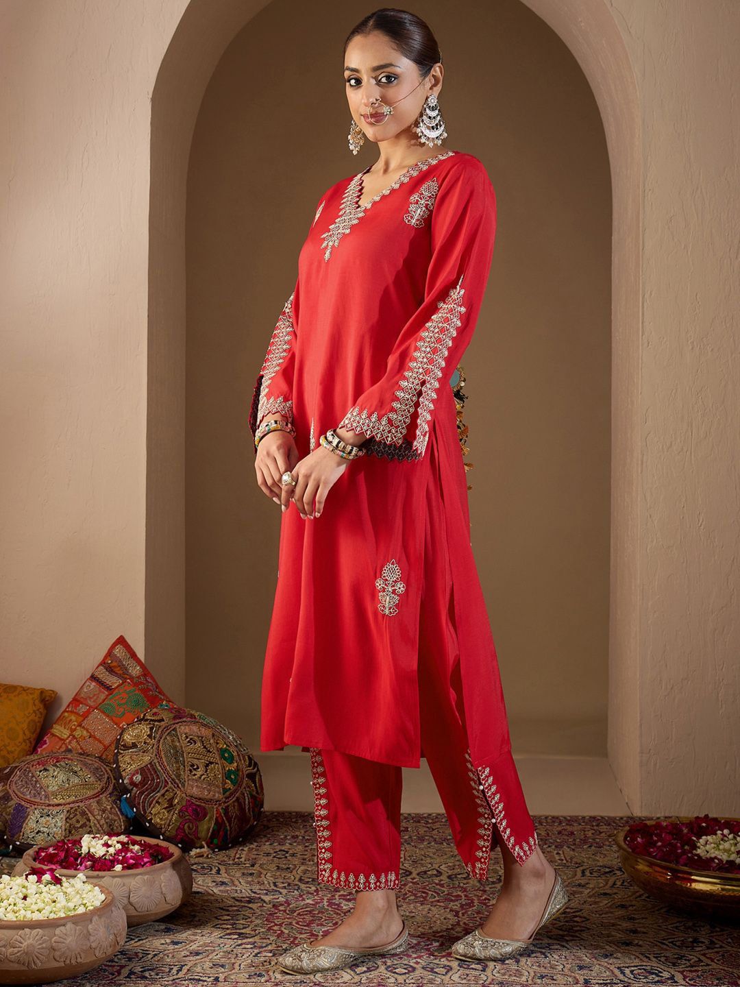Women Ethnic Motifs Embroidered Regular Sequinned Kurta with Trousers